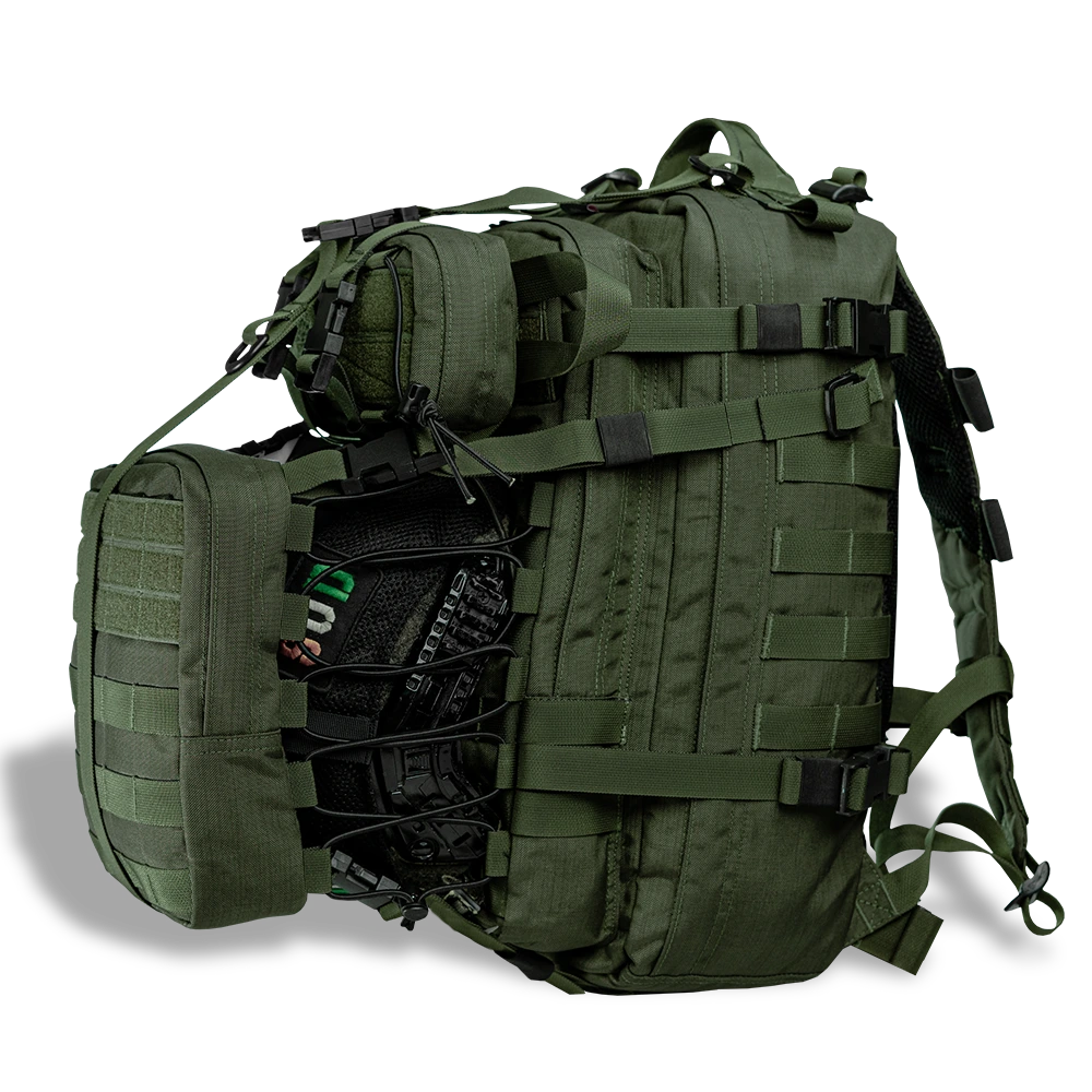 tactical backpack with helmet pouch